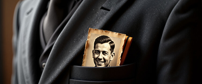 Young Soviet soldier smiling in pocket photo, concept of Victory Day 1945  