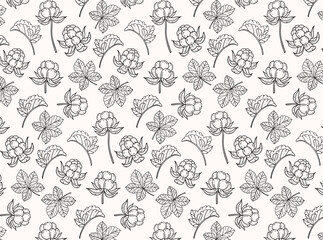 Cloudberry seamless pattern with hand drawn berries and leaves in black and white line art on soft light background, nordic forest berry repeat vector for textile, wallpaper, wrapping paper, packaging