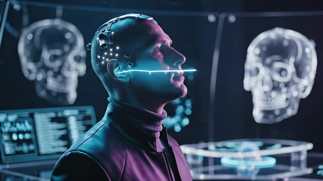 Man with brain sensor receives light scan in neuroscience lab. Patient undergoes neural testing with skull displays. Brain sensor scanning in laboratory. Man with neural interface gets brain scan test