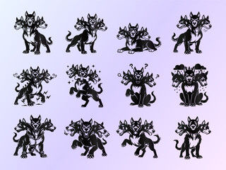 Cerberus Three-Headed Dog Vector Icon Set. Mythological Guardian Collection.
