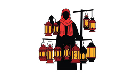 Woman in headscarf stands near illuminated lanterns a striking silhouette © asma