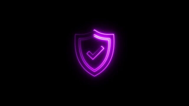 Glowing Neon Security Shield Icon, Neon Shield with Check Mark Animation on Black Background, 
