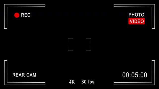 Modern camera screen recorder with active timecode and clear interface. Real time recording overlay. Suitable for cinematic and studio projects
