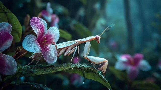 Orchid Mantis in a Dense Tropical Jungle