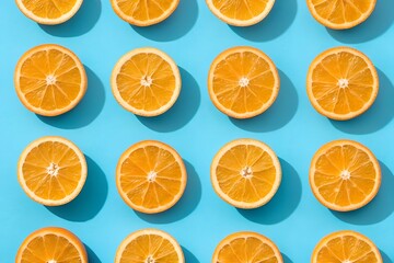 Obraz premium Orange Slice Grid on Blue Background – Vibrant Fruit Pattern Design, Color Contrast Concept, Symmetrical Composition Illustration, Healthy Food Symbol, Artistic Repetition Background