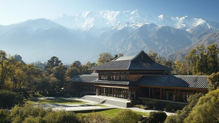 Fototapeta premium Serene Estate: Asian-Inspired Architecture with Majestic Mountain Backdrop