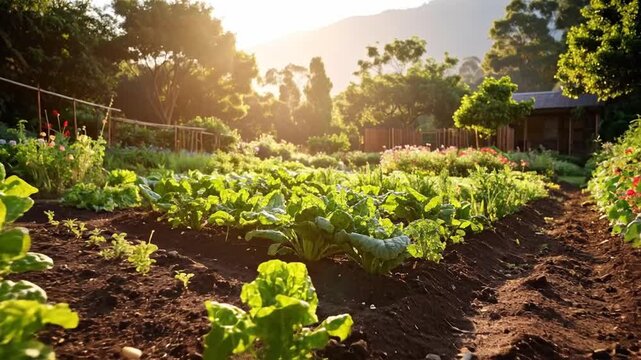 Lush green vegetable garden with rows of plants growing in the sunlight, a beautiful background.