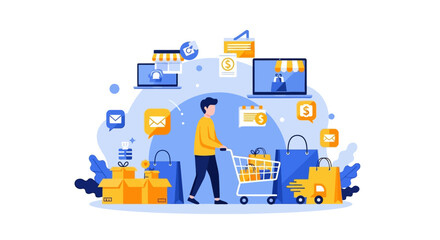 Obraz premium Man Pushing Shopping Cart Surrounded by Online Shopping Elements.