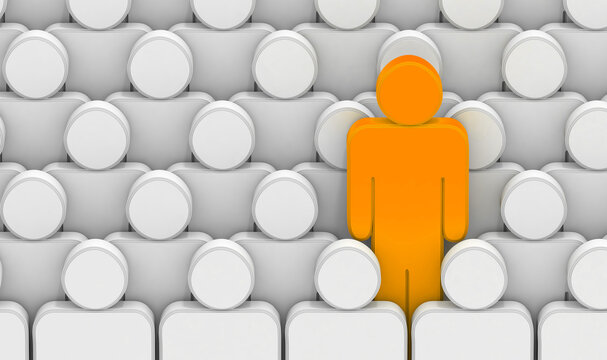 Figura naranja destacando entre una multitud uniforme.Grupo abstracto de figuras humanas blancas alineadas con una figura naranja adelantada y resaltada. Concepto de individualidad, liderazgo