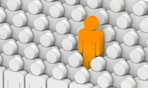 Figura naranja destacando entre una multitud uniforme.Grupo abstracto de figuras humanas blancas alineadas con una figura naranja adelantada y resaltada. Concepto de individualidad, liderazgo