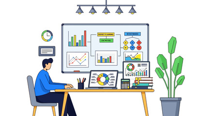 Man working at desk with charts and graphs on whiteboard.