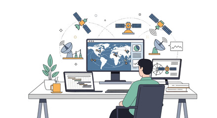 Man working at desk with multiple computer screens and satellites.