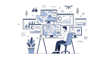Man working at desk with multiple computer screens displaying data and charts.