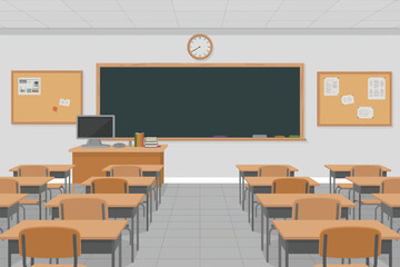 Classroom Interior Poster, White Drop Ceiling with Grid Tiles Green Chalkboard and Analog Clock Clean Educational Illustration
