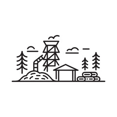 Naklejka premium Minimalist line drawing depicts an oil derrick and surrounding landscape