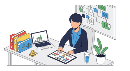 Man working diligently at his office desk with charts and graphs.