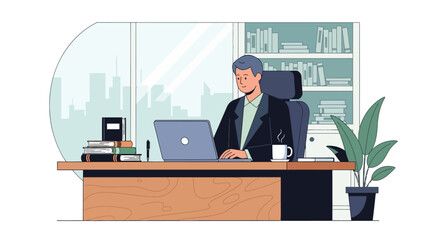 Man working diligently on laptop in office setting.