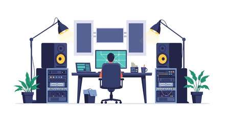 Man working in a modern sound recording studio setup.