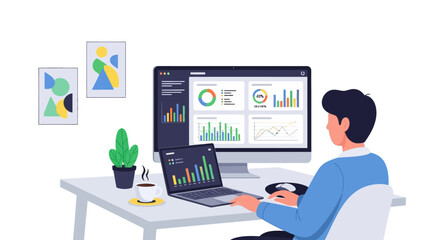 Man working on computer analyzing data charts.