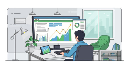 Man working on computer analyzing data and charts in office environment.