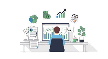 Man working on computer analyzing financial data charts and graphs.