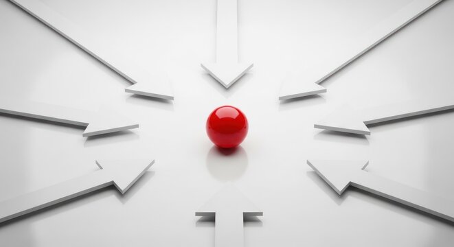 Red sphere centered with arrows converging on white background focus concept