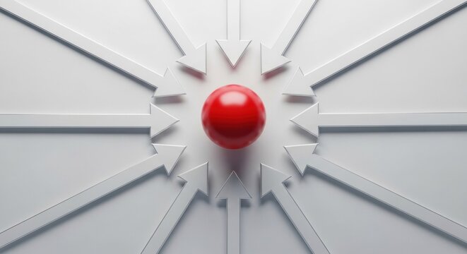 Red sphere centered with converging arrows on white background concept