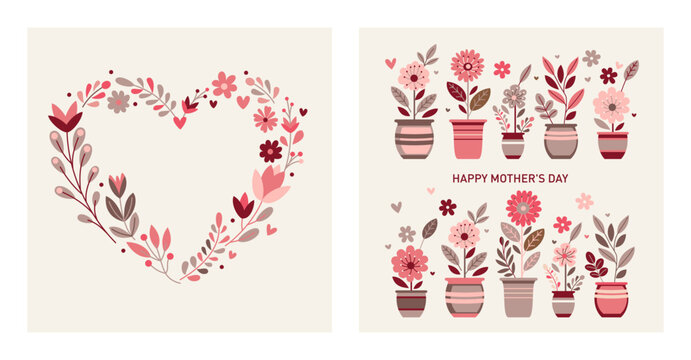 A heart of flowers and flowers in pots for mom. Sweet illustration for Mother's Day. 
Cute hand drawn vector for card, poster or background.