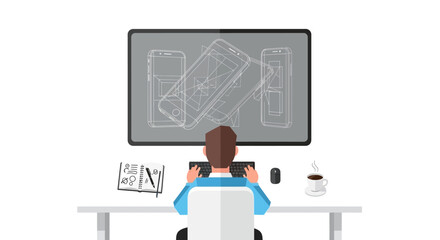 Man working on computer with blueprint on screen.