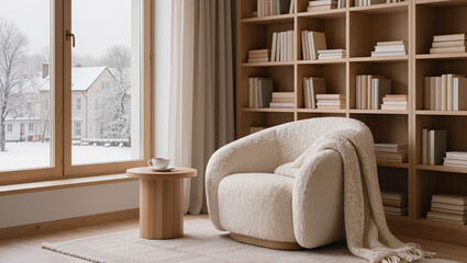 Cozy room with a window viewing a snowy town a cream textured armchair wooden bookshelf with books and a small side table holding a cup