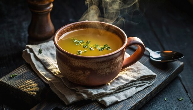 Hot Homemade Bone Broth with Fresh Thyme on Wooden Table