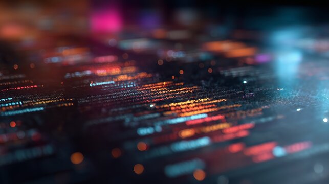 Colorful data patterns form a digital landscape at night in a tech environment