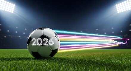 Naklejka premium A soccer ball on a green field with colorful lights