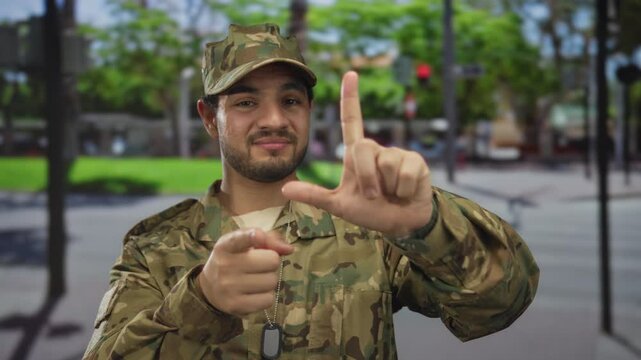 Man in camouflage uniform with visible dog tag points finger and frames view with an l shape hand on a sunlit street; confidence.