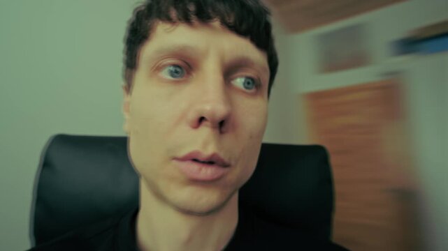 Man moving from confusion to collapse due to drug intoxication and mental overload, experiencing hallucinations, disorientation and loss of control in distorted reality