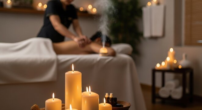 Professional masseuse performing back massage in luxury spa with candlelight