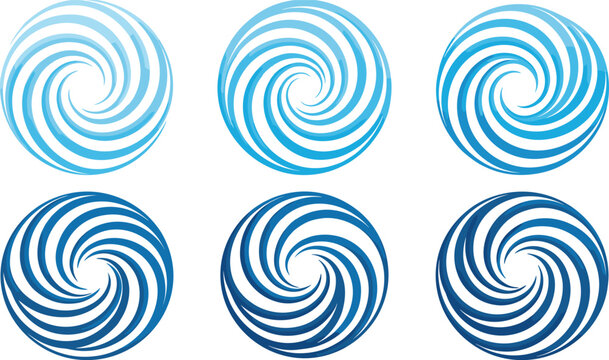 Abstract Blue Spiral Swirl Logo Set Collection Circular Wave Vortex Icons Modern Dynamic Water Motion Design Elements Isolated on White Background