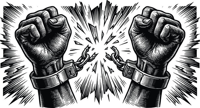 Broken handcuffs with raised fists symbolizing freedom revolution and liberation powerful black and white engraving style illustration isolated on white background