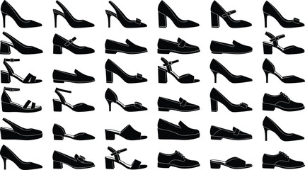 Women shoes silhouette collection with high heels flats loafers and sandals black vector illustration isolated on white background for fashion design