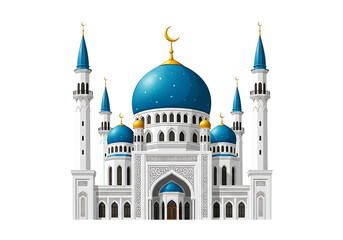 Fototapeta premium Illustration of a mosque with blue domes and minarets, showcasing architecture and culture from a front viewpoint