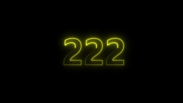 Neon number 222 glowing bright on black background  4k video..
