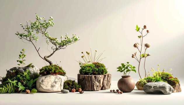 Several small potted plants and moss arrangements sit against a soft, off-white background