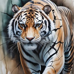 Obraz premium Portrait of a white Bengal tiger with striking eyes and bold black stripes in the wild