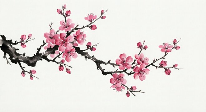 Traditional Japanese Ink Wash Painting of Pink Cherry Blossom Branch