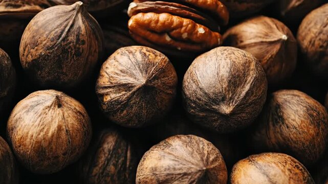 Close-up of assorted nuts displaying natural textures and earthy tones.