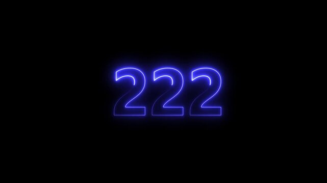 Neon number 222 glowing bright on black background  4k video..