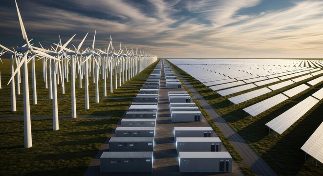 Renewable energy infrastructure wind turbines and solar panels generating power