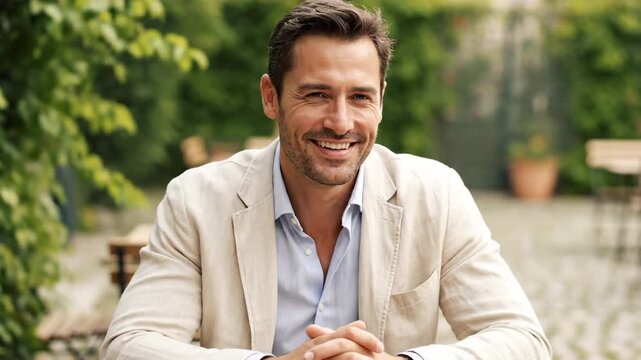 A confident man smiles directly at the camera in an outdoor setting