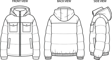 Men Hooded Puffer Jacket Technical Drawing Front Back and Side View Isolated on White Background Winter Outerwear Vector Illustration Template © World_Of_Vector