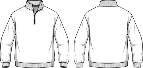 Men quarter zip sweatshirt front and back view blank apparel template detailed line art vector illustration isolated on white background © World_Of_Vector